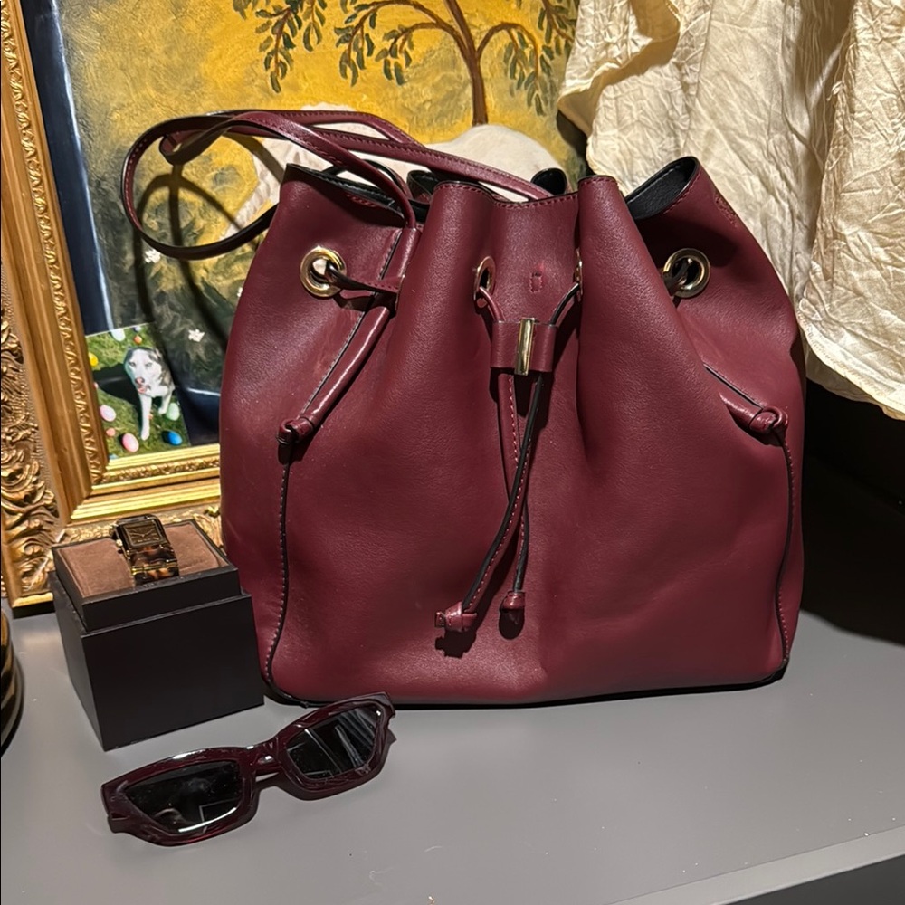 Zara shoulder drawstring bag gold hardware burgundy cherry faux leather